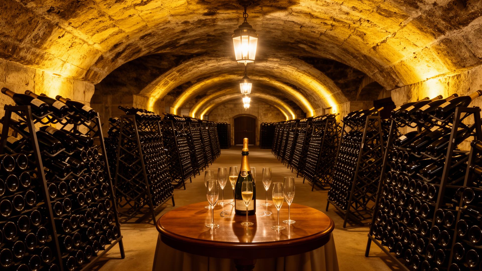 Vaulted champagne cellar with riddling racks