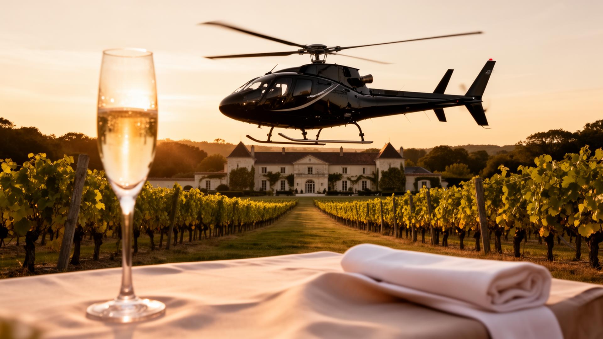 Helicopter arriving at a vineyard château