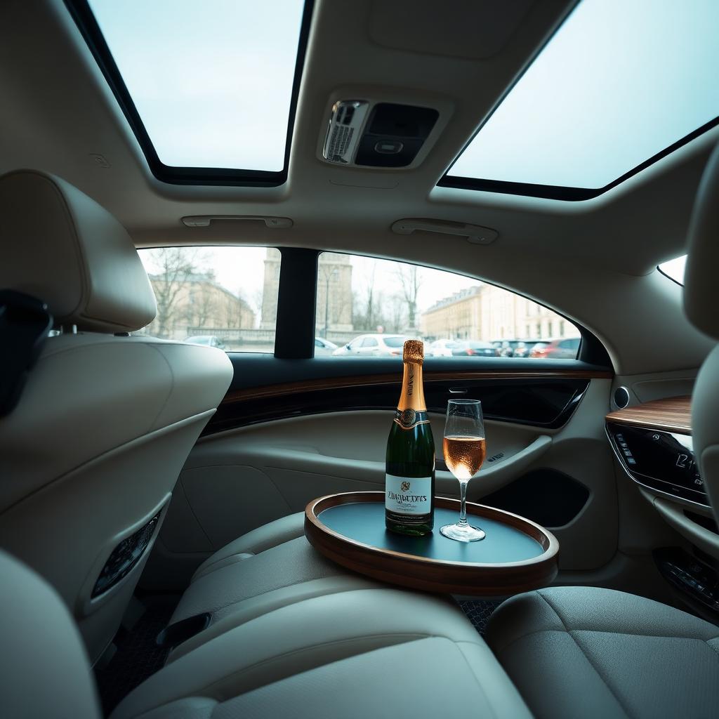 Cream leather cabin, champagne on the tray, Paris outside