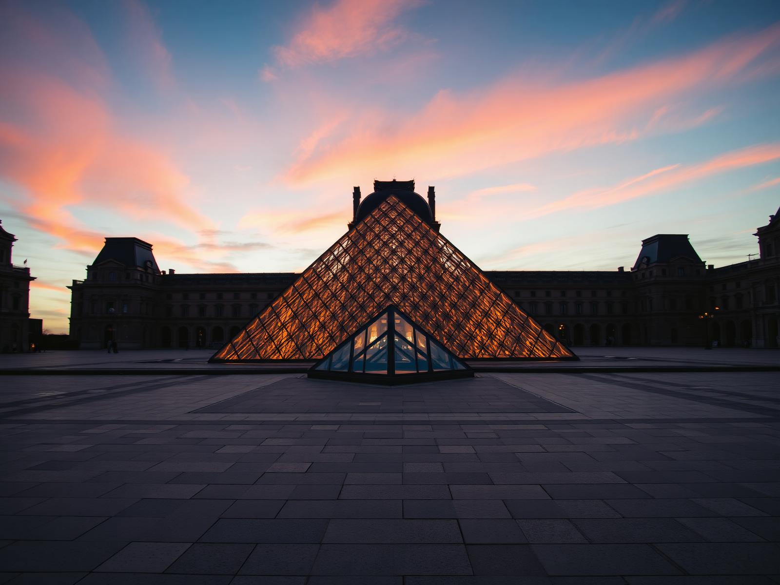 Louvre pyramid at twilight