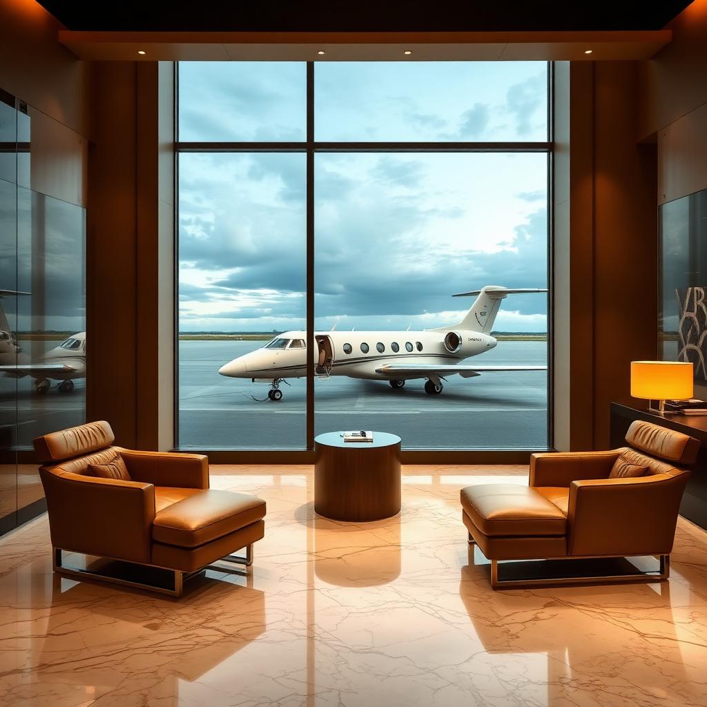 FBO lounge with panoramic tarmac view