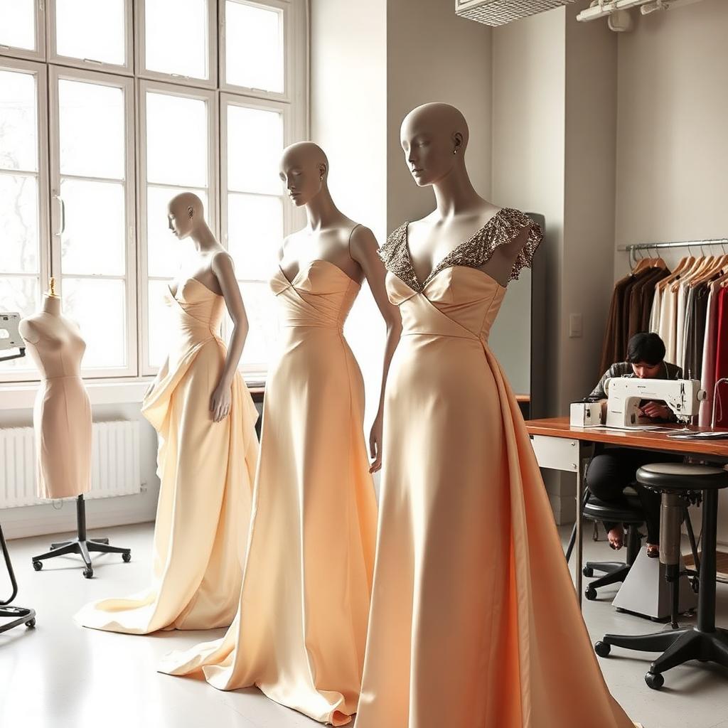 Couture atelier — mannequins draped in silk gowns