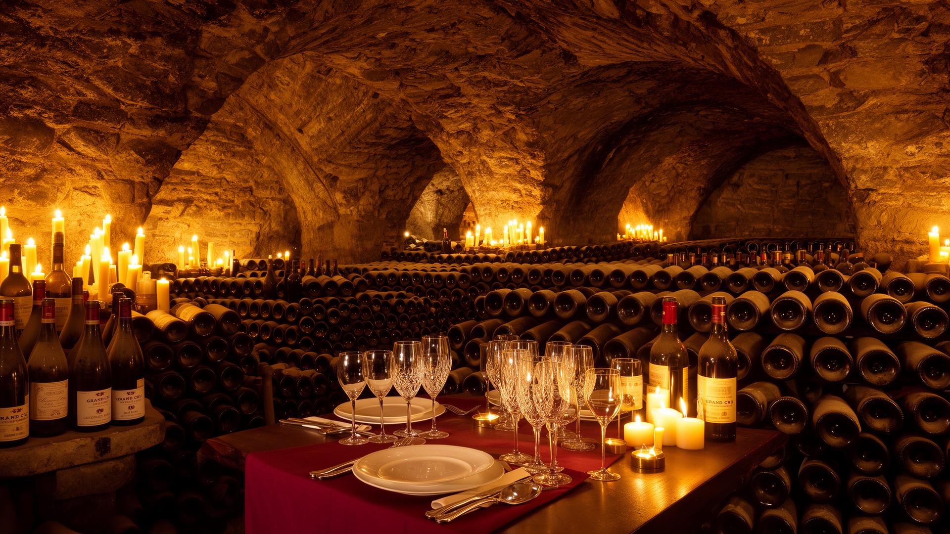 Candlelit Burgundy cellar with Grand Cru bottles