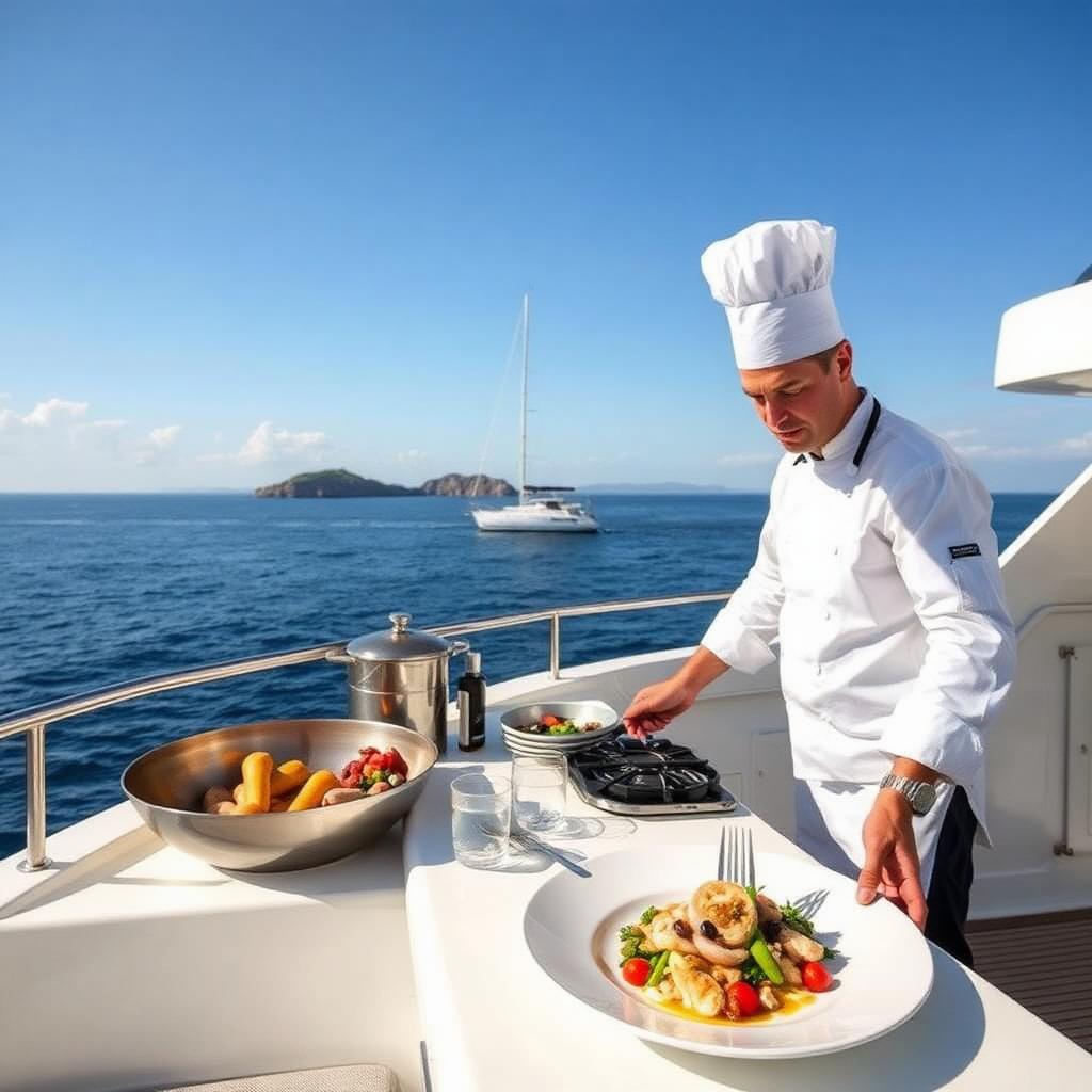 Onboard chef plating lunch at anchor