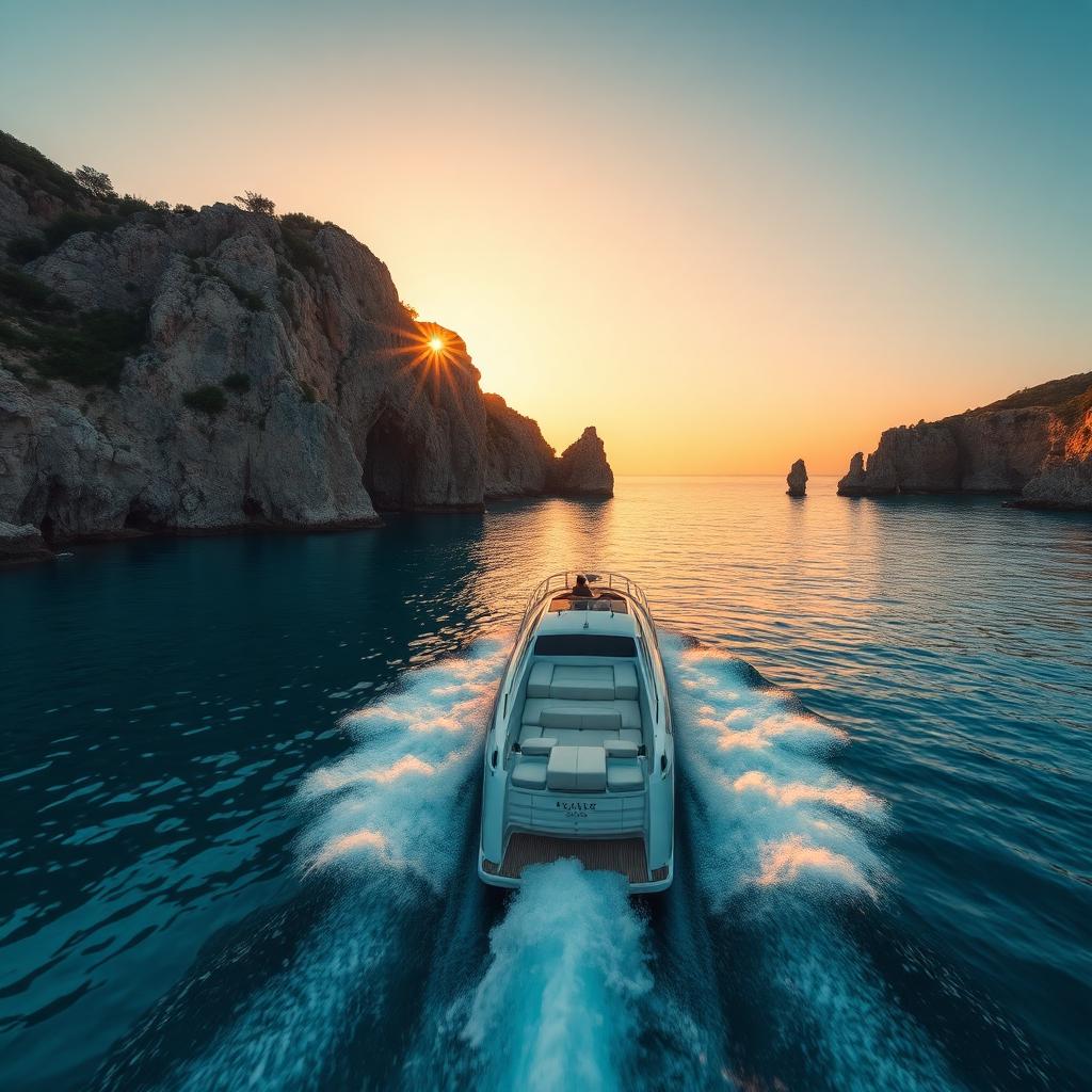 Tender racing toward a private cove on the Côte d'Azur
